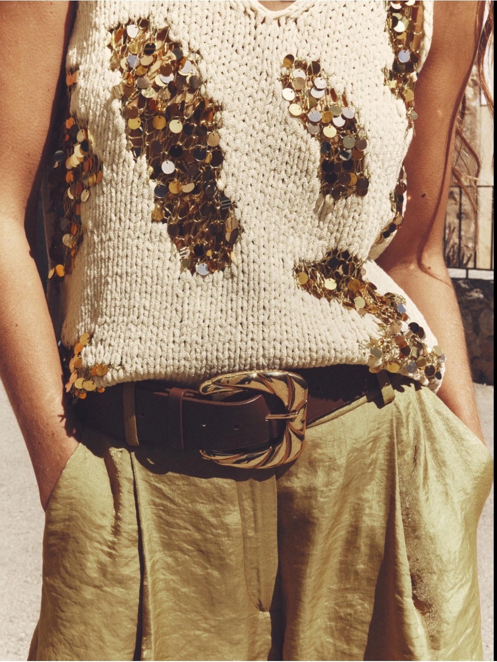 Zara Ivory Knit Tank with Gold Sequin Accents